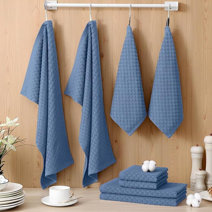 Homaxy 100% Cotton Kitchen Towels and Dishcloths Set, 12 x 12 & 15 x 25 Inches, Set of 12 Bulk Terry Cloth Dish Towels, Super Soft and Absorbent Hand Towel with Hanging Loop, Navy Blue