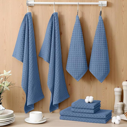 Homaxy 100% Cotton Kitchen Towels and Dishcloths Set, 12 x 12 & 15 x 25 Inches, Set of 12 Bulk Terry Cloth Dish Towels, Super Soft and Absorbent Hand Towel with Hanging Loop, Navy Blue