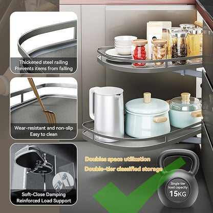 Blind Corner Cabinet Pull Out 12",14", 16", 18" Opening, 2-Tier Shelf Kitchen Cabinet Organizer, Blind Corner Cabinet Organizer, Left/Right Door, Adjustable Height, Metal Black