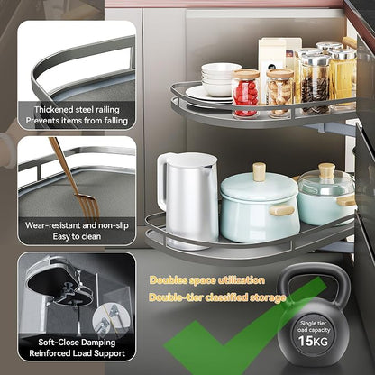 Blind Corner Cabinet Pull Out 12",14", 16", 18" Opening, 2-Tier Shelf Kitchen Cabinet Organizer, Blind Corner Cabinet Organizer, Left/Right Door, Adjustable Height, Metal Black