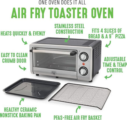 GreenLife Countertop Toaster Oven Air Fryer Stainless Steel, Healthy Ceramic Nonstick, PFAS Free, Tray & Basket, Bake, Broil, Reheat, Adjustable Temp & Time Control, Auto Shutoff, Black