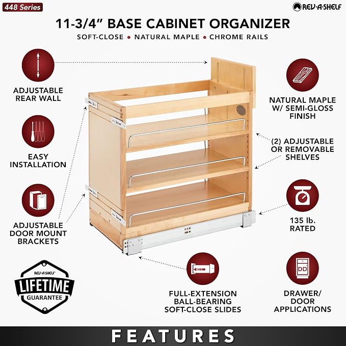 Rev-A-Shelf 11" Pullout Storage Organizer for Base Kitchen/Bathroom Cabinets, Spice Rack/Pantry Shelves with Soft-Close Slides, Wood, 448-BDDSC-11C