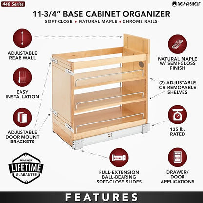Rev-A-Shelf 11" Pullout Storage Organizer for Base Kitchen/Bathroom Cabinets, Spice Rack/Pantry Shelves with Soft-Close Slides, Wood, 448-BDDSC-11C