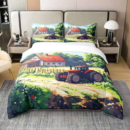 Castle Fairy Full Size Duvet Cover Set Red Farm Tractors Comforter Cover Set 100% Pure Cotton Rustic Farmhouse Duvet Cover Set (No Filler) Pixelated Style Gaming Bedding Set 3 Pcs