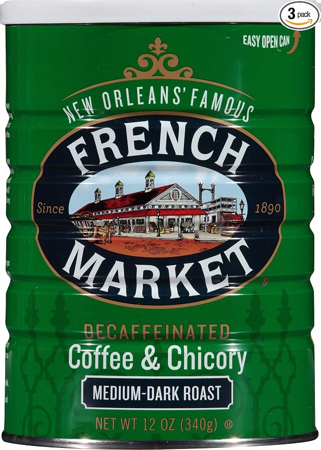 French Market Coffee & Chicory Decaffeinated Medium-Dark Roast Ground Coffee, 12oz Can (Pack of 3)