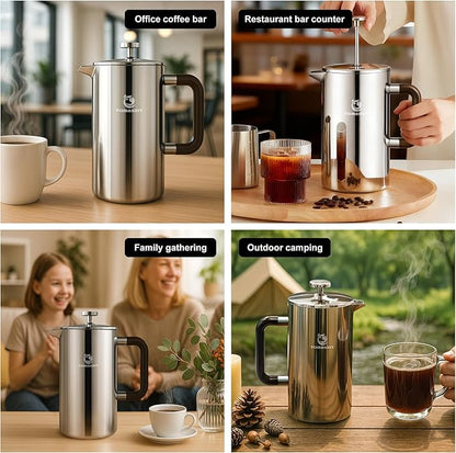 TOMAKEIT 1L/34 Oz French Press Coffee Maker,304 Stainless Steel Coffee Press,Durable & Easy Clean,Leak-Proof Design,Prensa Francesa Para Cafe for Home,Office,Camping (Silver-Upgrade)