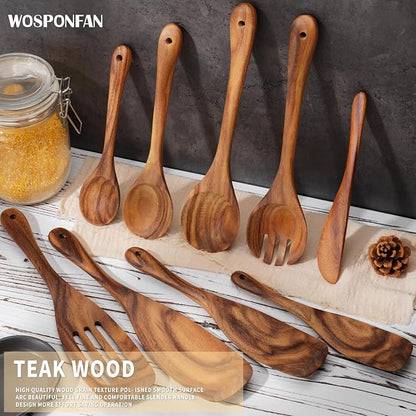 Wooden Utensil Set 9 Pcs,Sturdy & Easy to Clean, Natural Teak Wooden Spoons for Cooking,Spatula Set, Slotted Spoon, Wooden Spoon Set,Terrific for Everyday Kitchen Tasks