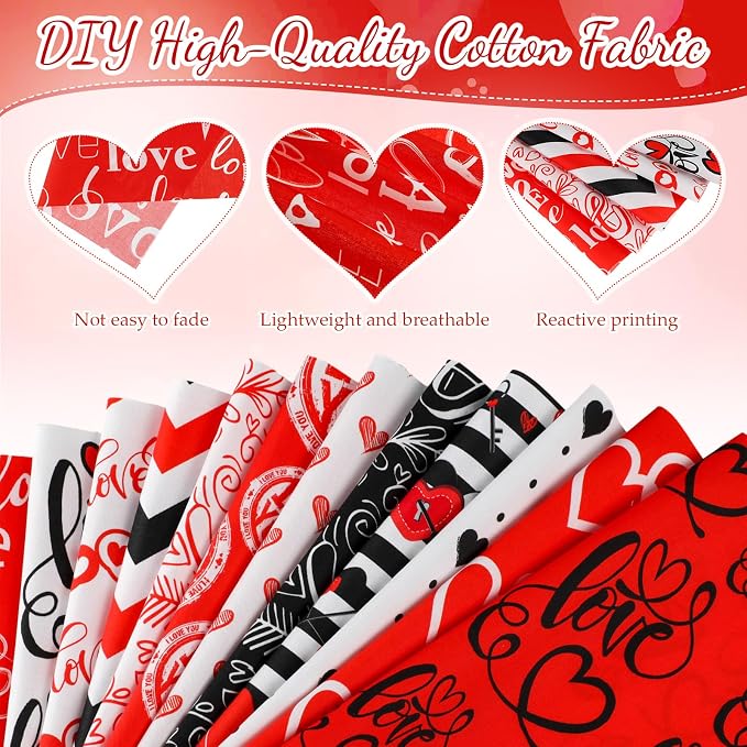Tatuo 30 Pcs 10 x 10 Inches Valentine Cotton Fabric Bundle Squares Patchwork Red Black Floral Fabric Sewing Quilting Bundles Assorted Pattern Cloth for DIY Scrapbook Craft Making