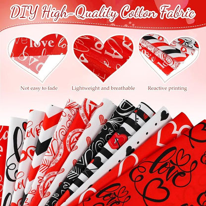 Tatuo 30 Pcs 10 x 10 Inches Valentine Cotton Fabric Bundle Squares Patchwork Red Black Floral Fabric Sewing Quilting Bundles Assorted Pattern Cloth for DIY Scrapbook Craft Making