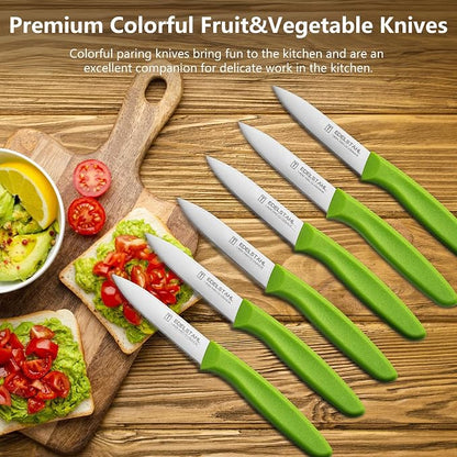 Premium Paring Knife, Stainless Steel Paring Knives Set of 6,Sharp Vegetable&Fruit Knife,Small Knife Set,Ergonomic Handle Paring Knives,Straight Edge Peeling Knifes,Green&Dishwasher Safe