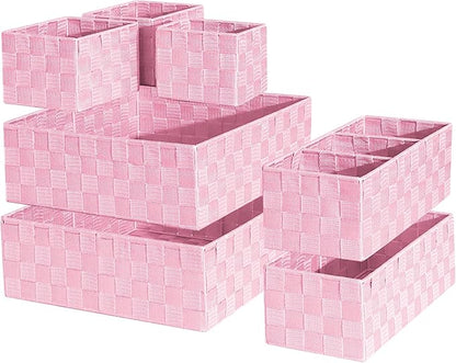 Drawer Organizer, Cube Baskets for Storage Shelves, Handmade Small Woven Basket, Shallow Storage Bins for Organizing Desk, Dresser, Kitchen, Pantry, Nested 7 Pack, Pink
