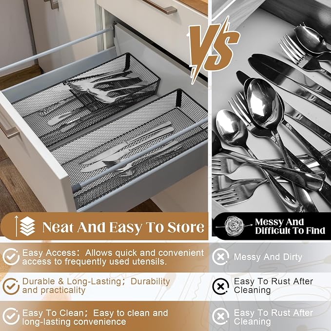 DOSTATNI 2 Pcs Mesh Silverware Drawer Organizer Cutlery Drawer Organizer Utensil Tray Organizer Silverware Holder for Flatware Knives Spoons Storage(14.1X5.3x2inch)