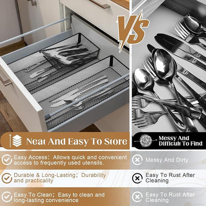 DOSTATNI 2 Pcs Mesh Silverware Drawer Organizer Cutlery Drawer Organizer Utensil Tray Organizer Silverware Holder for Flatware Knives Spoons Storage(14.1X5.3x2inch)