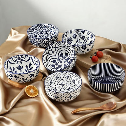glowworm Cereal Bowls Set of 6, 26 Oz Porcelain Soup Bowls for Kitchen, Vintage Bowl Set for Rice, Oatmeal, Ice Cream, Dessert, Dishwasher & Microwave safe, Bohemian Blue & White