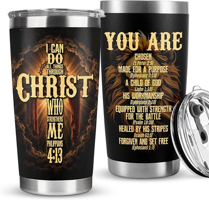 Christian Fathers Day Gift, Christian Gift for Men, Coffee Tumbler with Bible Verse - I Can Do All Things Through Christ, Religious Mugs for Men, Pastor Tumbler, Christmas Man of God Gifts
