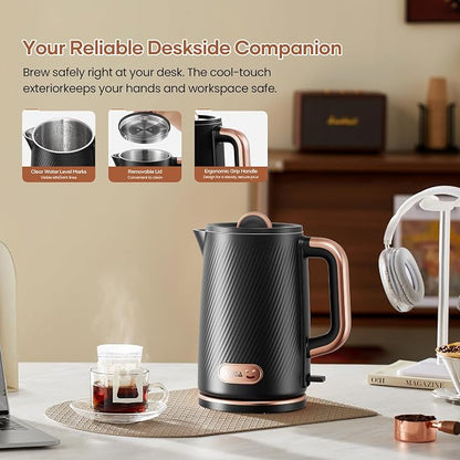 OLEGA Electric Kettle: 1200W Fast Boil Electric Water Kettles, 1.5L Double Wall Stainless Steel Tea Kettle, Auto Shut-Off, BPA-Free Hot Water Boiler Teapot for Coffee & Tea -Black