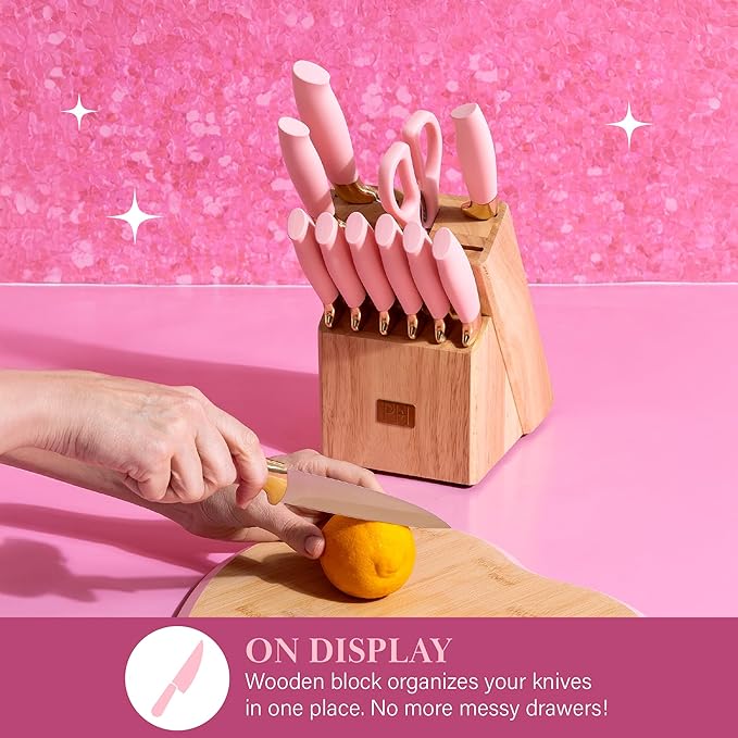 Paris Hilton 12-Piece Knife Set with Block, High-Carbon Stainless Steel Cutlery, Precision Blades and Ergonomic Handles Kitchen Knife Set, Pink