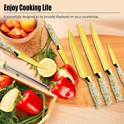 Knife Block Set, Gold Sharp Knives with Acrylic Block, Stainless Steel Kitchen Knife Set with Serrated Steak Knife, Chef Knife, Bread Knife, Scissors, Sharpener, 14Pcs Professional Knife Set for gift