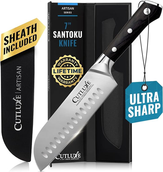 Cutluxe Santoku Knife – 7" Chopping Knife, Meat and Vegetable Knife – Forged High Carbon German Steel – Sheath Included – Full Tang & Razor Sharp – Ergonomic Handle Design – Artisan Series