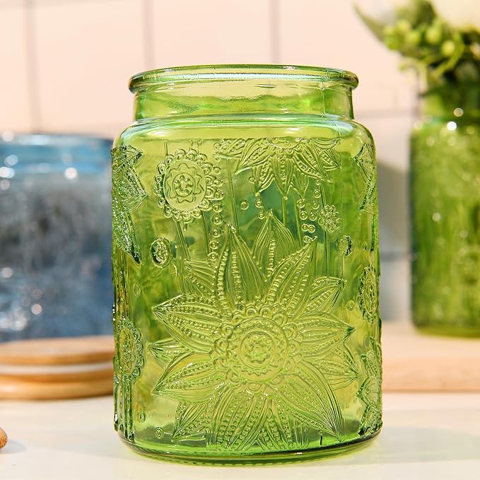 Custde Glass Storage Jars With Airtight Lid, 23.7oz Canister For Kitchen Counter with Bamboo Lid, brown sugar, candy, coffee, cookie, salt, tea,pantry cute Jar (Green 2-Pack, 23.7 fl oz)