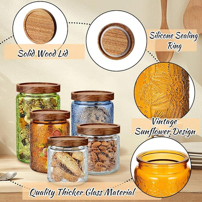 Gerrii Multicolor Sunflower Round 5 Pcs Vintage Glass Food Storage Containers 17/24/34 oz Glass Jar with Lid Airtight Candy Food Canisters for Kitchen Counter Pantry Coffee Beans