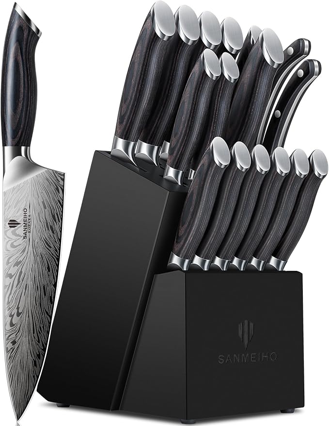 16 Pieces Knife Set, Knife Block Set in Powder Steel, Ultra Sharp Kitchen Knives Set, High Hardness Japanese Knife Set with Ergonomic Pakkawood Handle, Chef Knives Set for Kitchen Cooking