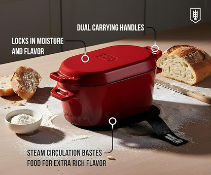 KooK Oval Loaf Shaped Cast Iron Dutch Oven for Bread Baking, 3.4 Qt Sourdough Dutch Oven with Lid, Enameled, Lid Lever, Dual Handles, Dishwasher Safe, 500°F, Cherry Ombre