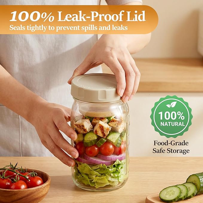 Glass Salad Jars 4 Pack 32oz with Lids for Meal Prep, Salad Container for Lunch, Jars with Dressing Cup, Wide Mouth Mason Jars, Meal Prep Jars