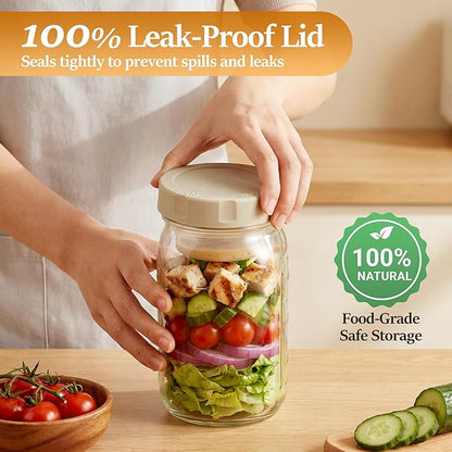 Glass Salad Jars 4 Pack 32oz with Lids for Meal Prep, Salad Container for Lunch, Jars with Dressing Cup, Wide Mouth Mason Jars, Meal Prep Jars