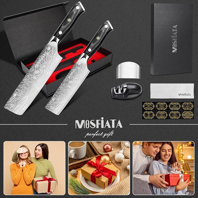 MOSFiATA Nakiri Kitchen Knife, 7”&5.5" Chef Knife Set, Ultra Sharp German Stainless Steel Cleaver Cooking Knife with Ergonomic Handle Gift Box