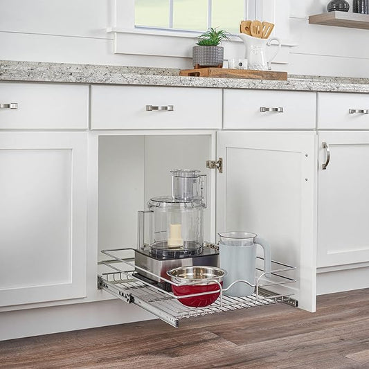 Rev-A-Shelf Steel Wire Pullout Drawer Organizer Shelf for Kitchen Cabinets, Slide Out Storage Basket, Min Opening Width of 14.5", 15" x 22", 5WB1-1522CR-1