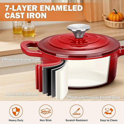 Homikit 3 Quart Saucepan with Lid, Enameled Cast Iron Sauce Pan, Enamel Cast Iron Cooking Pot Mini Dutch Oven Kitchen Cookware for Making Pasta, Boiling Soup, Warming Milk, Red