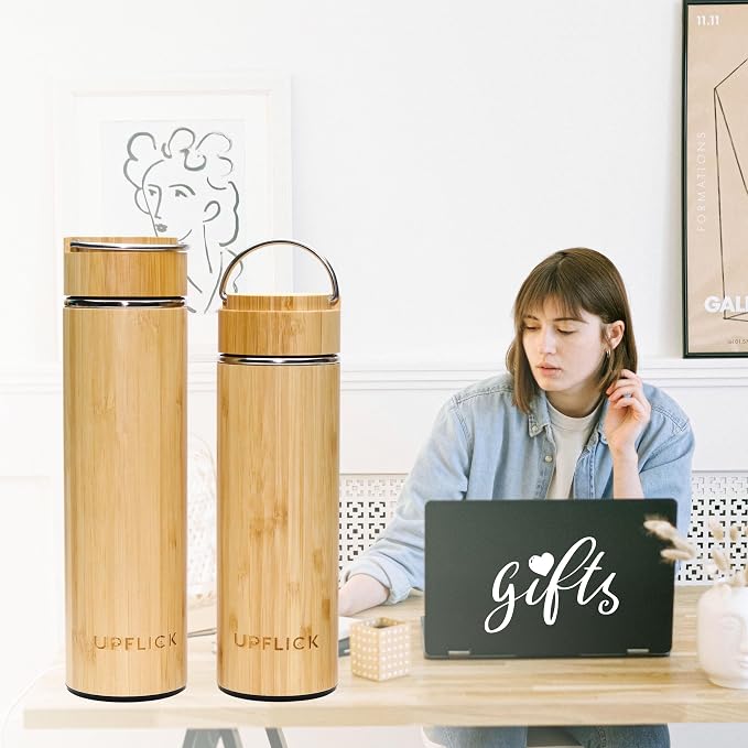 Bamboo Tea Tumbler Set of 2 Insulated Water Bottles 15oz & 17oz with Infuser Travel Set for Loose Leaves, Birthday Gift for Womens, Christmas Gift