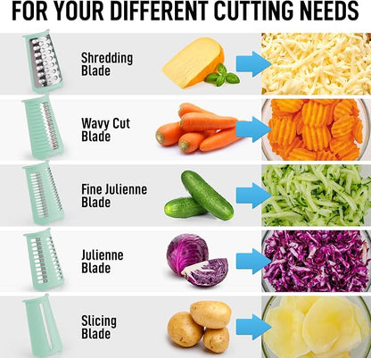 Zulay Kitchen Rotary Cheese Grater 5 Blade Cheese Shredder - Manual Hand Crank Cheese Grater With Reinforced Suction & 5 Interchangeable Drums - Easy to Use, Vegetable Chopper Round Mandoline Slicer