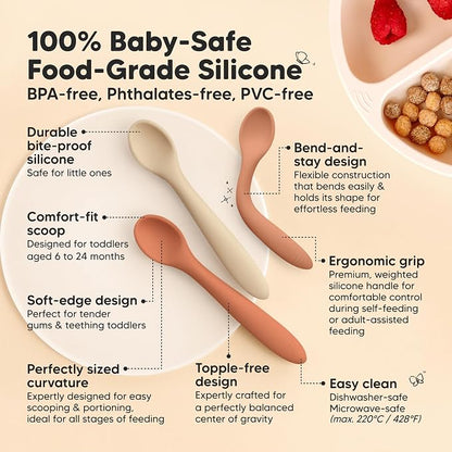 KeaBabies Silicone Baby Spoons, Self Feeding 6-12 months - 3-Pack Baby Weaning Eating Utensils,Toddler First Food Training Spoon,Infant,Kids Feeding Supplies Essential Set,Dishwasher-safe (Terracotta)