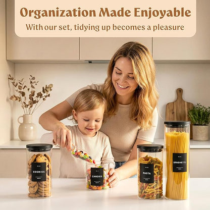 EDELHAUS Glass Storage Containers with Black Lids [Extra Thick Glas] with 54 Labels - Canister For Pantry Noodles Flour Cereal Rice Sugar Tea Coffee Beans - Round Set of 5x