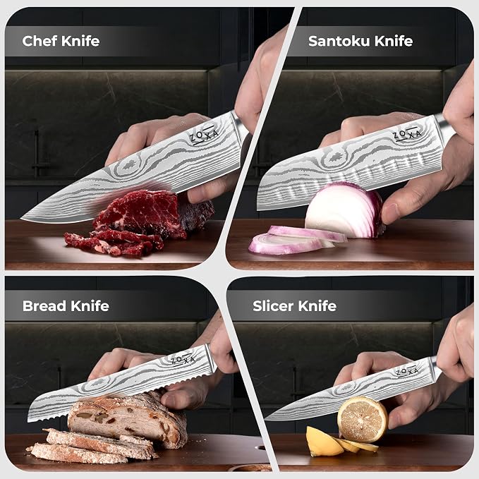 Kitchen Knife Set with Block, 17-Piece Stainless Steel Knife Set, Kitchen Knives Including Chef Knife, Steak Knives, Honing Rod and Kitchen Scissors, Knife Block Set