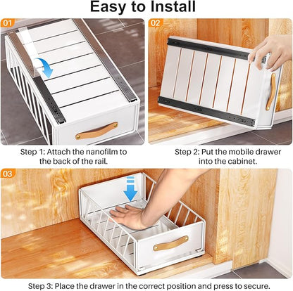 Pull out Cabinet Organizer,Heavy Duty Slide out Pantry Shelves Drawer Storage with Adhesive Nano Film,Sliding Mesh Cabinet Basket with Handle for Kitchen, Bathroom, Home, 13.8"W X 21"D X 6.2"H,White