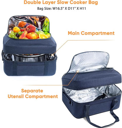 BAGSPRITE Double-Layer Slow Cooker Carrying Bag for 6-8 Quart CrockPot and Hamilton Beach, Travel Bag With Lid Fastener, Portable Carrier Case, Black