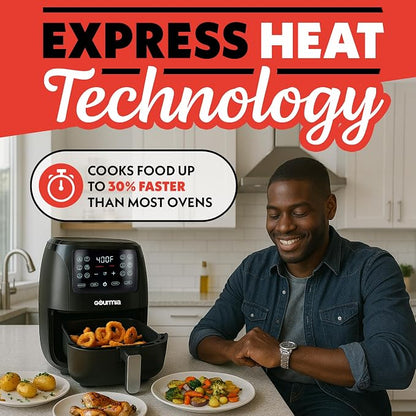 Gourmia Air Fryer - 4 Qt Capacity, FryForce360º, Digital Display with 8 Presets, Roast, Bake, Broil, Dehydrate, Dishwasher Safe Accessories, Compact, Black
