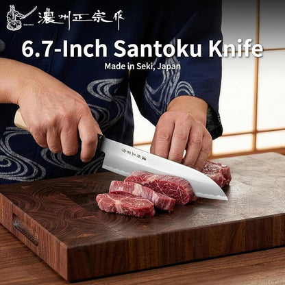6.7 Inch Santoku Knife, Made in Japan, SK-5 High Carbon Steel Kasumi Japanese Chef Knife with Octagonal Natural Wood Handle, Kitchen Knife for Slicing Meat & Vegetables