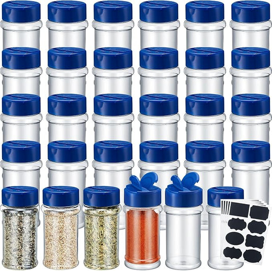 Eccliy 36 Pack 3 oz Clear Plastic Spice Jars with Label and Shaker Lids Empty Spice Bottles Seasoning Containers Seasoning Jars Shaker Condiment Pots for Pepper Herbs Powders(Blue)