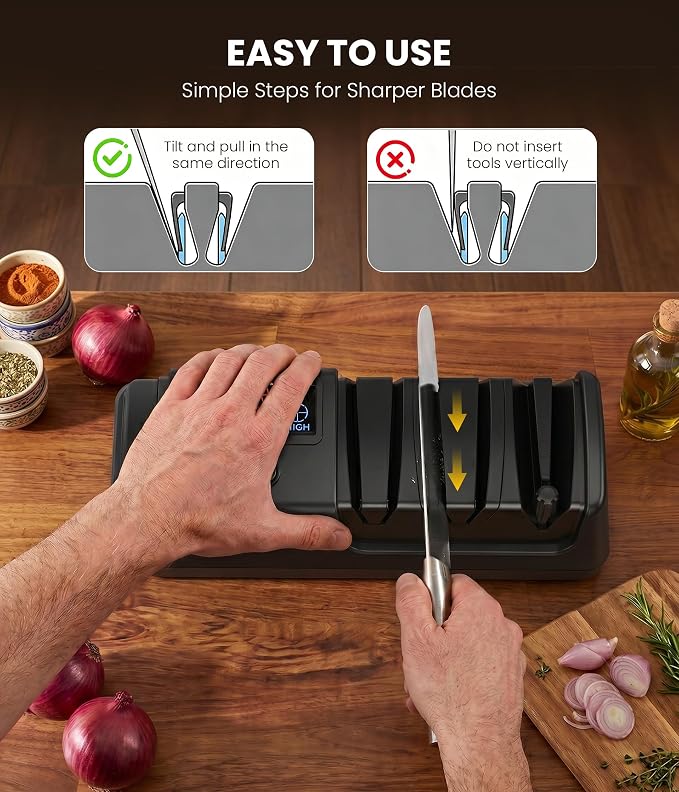 Electric Knife Sharpener for Kitchen - Professional 3-Stage Sharpening for Straight-Edge & Serrated Knives and Scissors, with 100% Diamond Abrasive (Black)