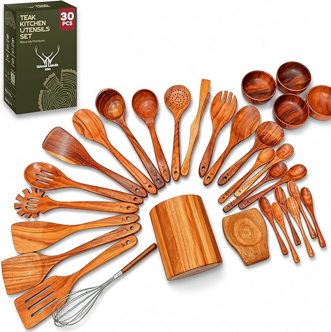 30 Pcs Teak Wooden Utensil Set – Premium Cooking Utensils Set, Natural Wooden Spoons for Cooking - Sturdy Kitchen Utensils & Cooking Spoons for Every Chef