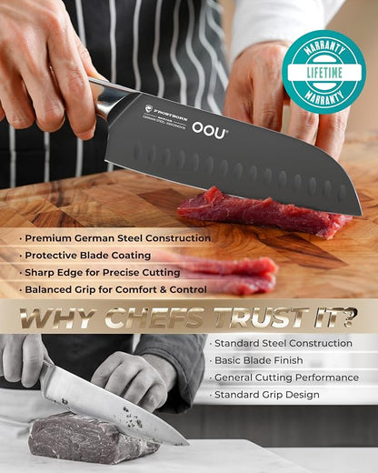 OOU 7 Inch Santoku Knife, German 1.4116 Stainless Steel Kitchen Knife, Gunmetal Blade with AgShield & TinSharp Finish, Balanced ABS Handle, Sharp Cooking Knife for Meat, Vegetables and Daily Prep