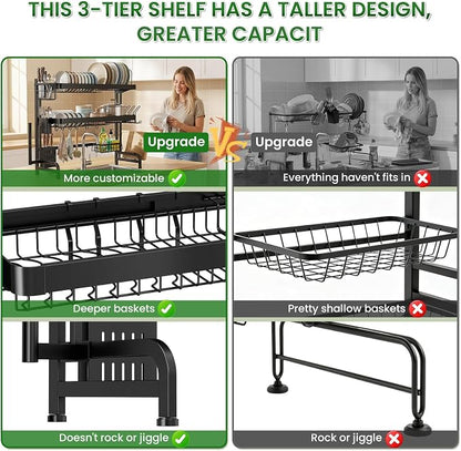 Over The Sink Dish Drying Rack, Adjustable 3 Tier Large Capacity Stainless Steel Drainer with Cutlery/Utensil/Cup Holder Hooks, Kitchen Storage & Organization, 25"-38" L x 11" W x 37.5" H, Black