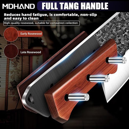 MDHAND Butcher Knife Set, 8PCS Hand Forged Butcher Chef Knife Set, High Carbon Steel Full Tang Kitchen Knives Set, Heavy Duty Meat Cleaver for Outdoor Camping BBQ, Gift for Men