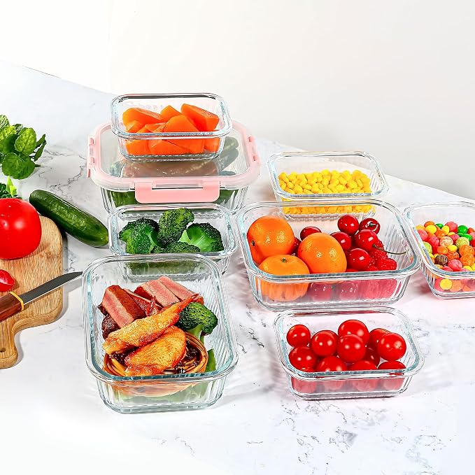 Glass Meal Prep Containers 10 Pack with Striped Pattern - For Food Meal Storage, Microwave Dishwasher Oven Safe, Airtight Lids for Meal Prep Sunday Gym Work - 5×33 Oz + 5×12 Oz