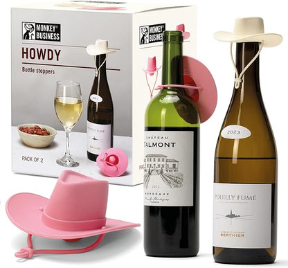 Monkey Business Howdy - 2-Pack Cowboy Hat Wine Stoppers – Fun Silicone Bottle Stoppers Keep Wine Fresh – Novelty Kitchen Gadgets & Cute Wine Accessories (Pink & White)