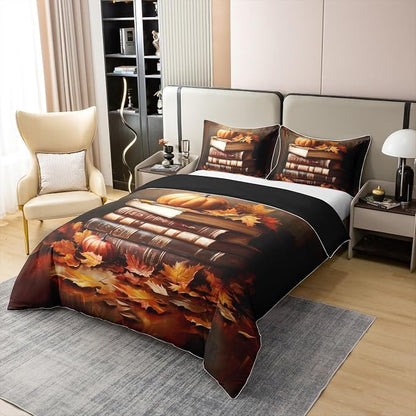 Castle Fairy Read Book Theme Duvet Cover Set 100% Natural Cotton Twin Size Pumpkin Lantern Maple Super Soft Bedding Set (No Filler) 2 PCS Fall Style Plants Cotton Comforter Cover for Bedroom Decor